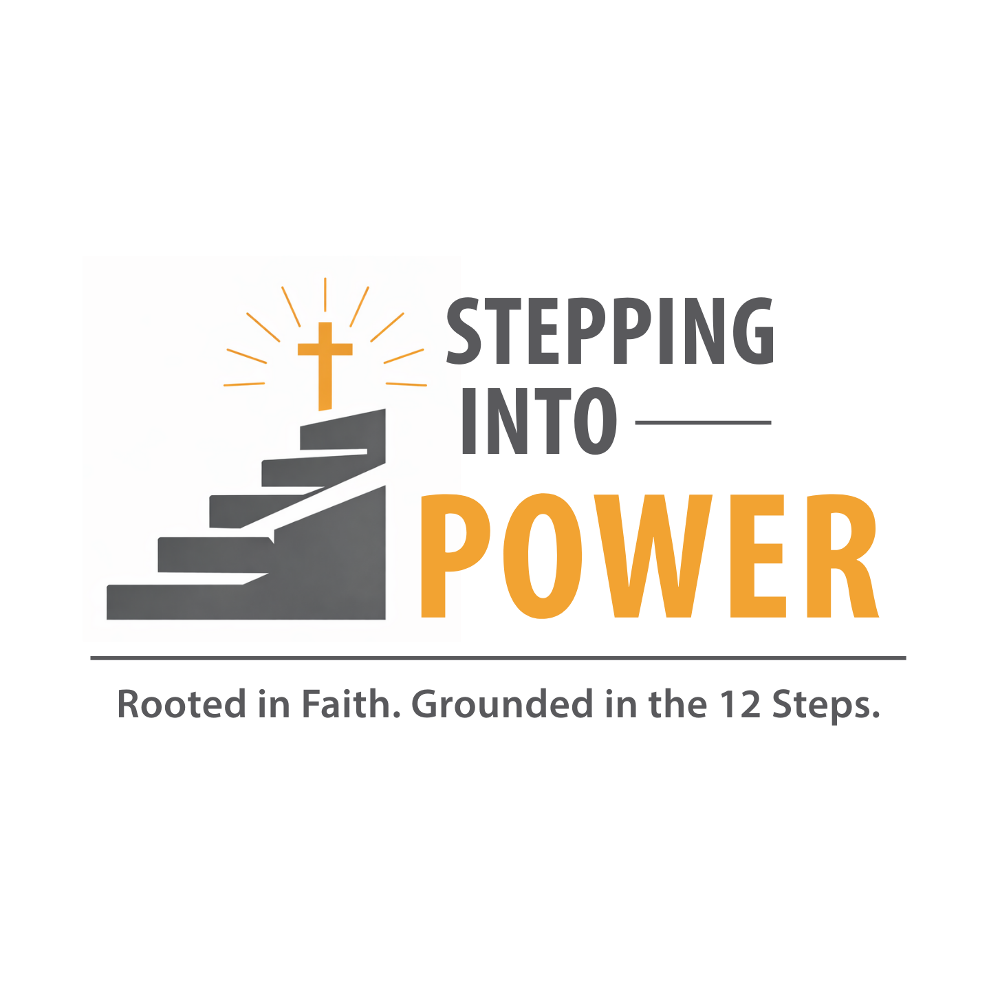 Stepping Into Power logo featuring a staircase leading upward to a cross, symbolizing Christian recovery through the 12 Steps.