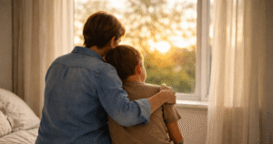 Parent and child sitting together near a window in a calm, supportive moment symbolizing hope and healing for children of addicted parents.