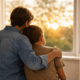 Parent and child sitting together near a window in a calm, supportive moment symbolizing hope and healing for children of addicted parents.