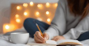 Woman sitting at a table journaling with a Bible beside her, symbolizing reflection, recovery, and faith in God.